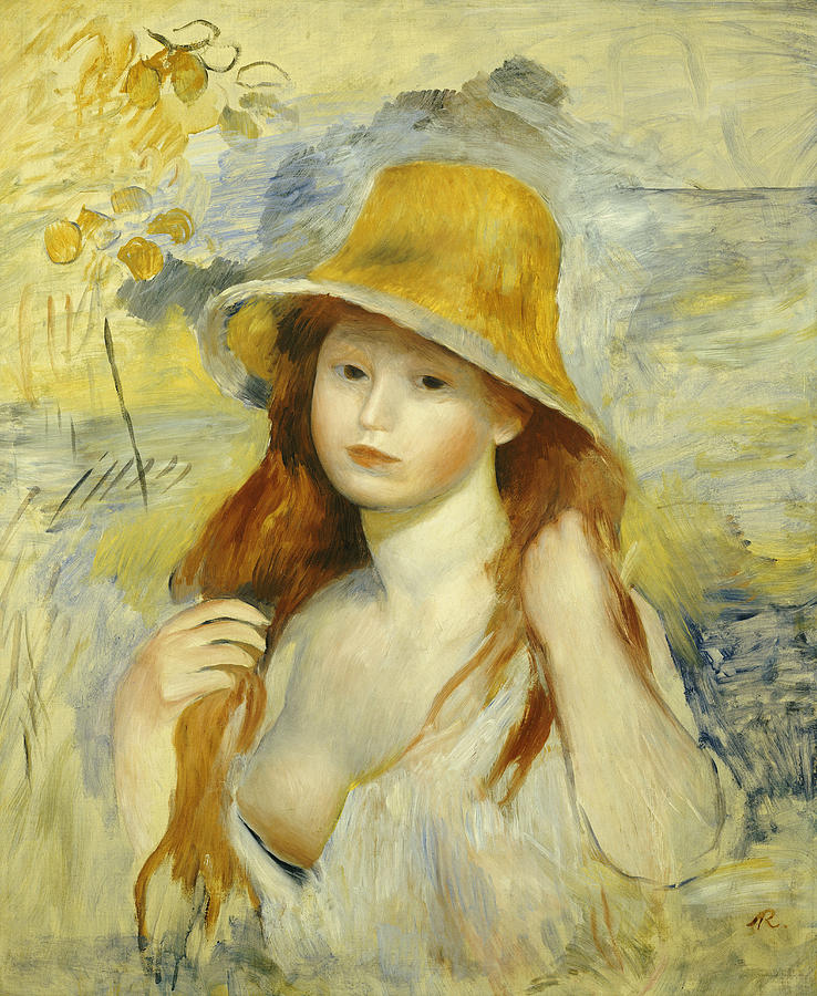 738x900 Young Girl With A Straw Hat Painting By Pierre Auguste Renoir - Young Girl Painting