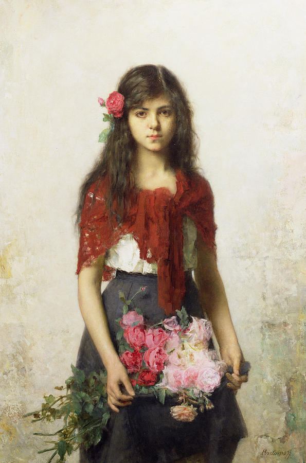 595x900 Young Girl With Blossoms Painting By Alexei Alexevich Harlamoff - Young Girl Painting