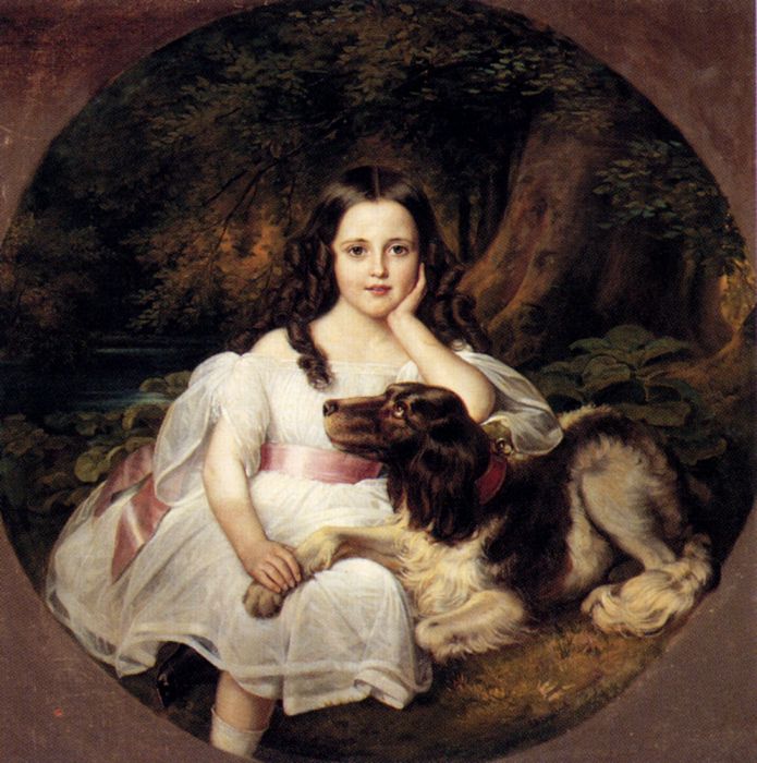695x700 A Young Girl Resting In A Landscape With Her Dog - Young Girl Painting