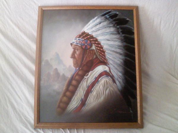 600x450 Native American Chief Oil Painting On Canvas, Framed In Oak - Z Garcia Indian Painting