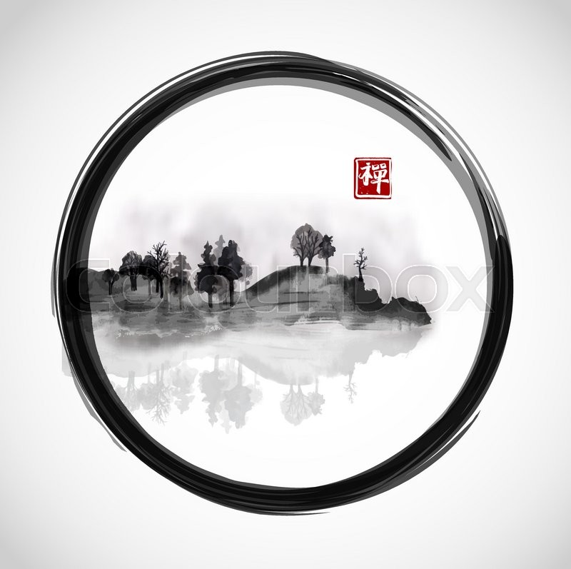 800x797 Island With Trees In Black Enso Zen Circle. Traditional Japanese - Zen Circle Painting