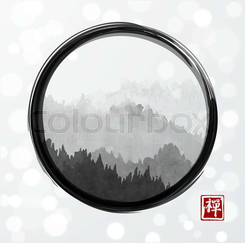800x792 Mountains With Forest Trees In Fog In Black Enso Zen Circle - Zen Circle Painting