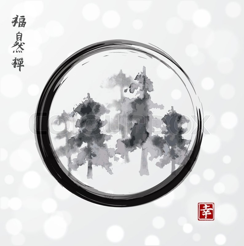 794x800 Pine Trees In Black Enso Zen Circle. Traditional Japanese Ink - Zen Circle Painting