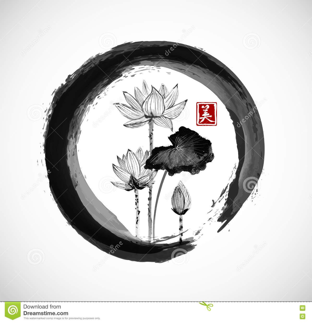 1300x1347 Lotus Flowers Black Enso Zen Circle Traditional Japanese Ink - Zen Circle Painting
