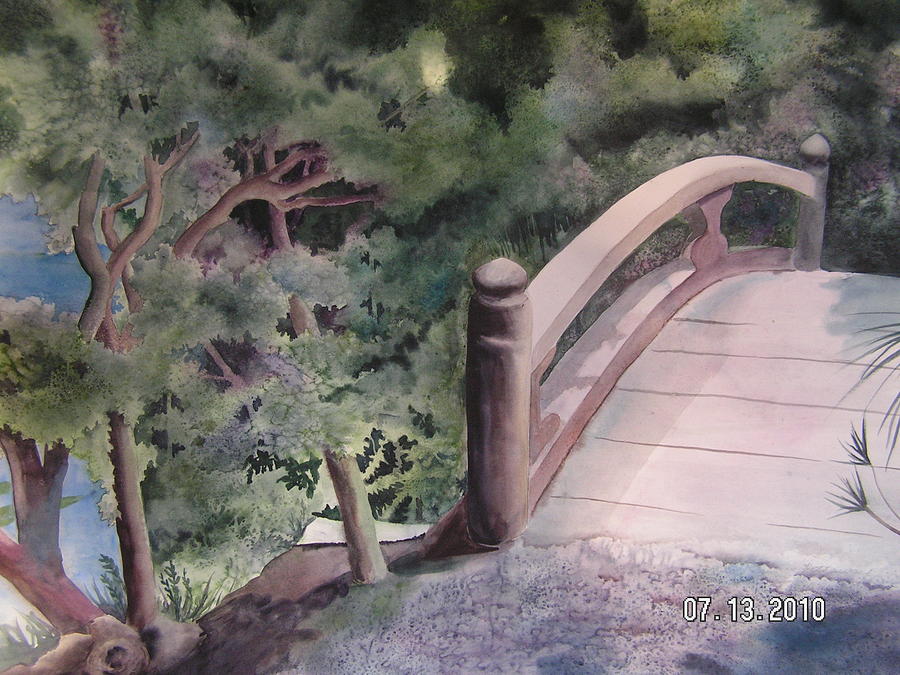 900x675 Zen Garden Bridge Painting By Shirley Hathaway - Zen Garden Painting
