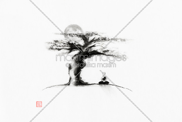 620x417 Stock Illustration A Monk Meditating Under An Old Tree - Zen Monk Painting