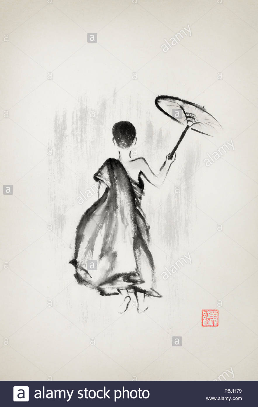 883x1390 Young Buddhist Monk Walking Under Rain Holding An Umbrella - Zen Monk Painting