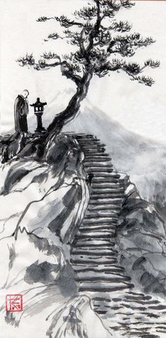 236x480 Buddhist Monk With A Bowl Zen Calligraphy Original Ink Painting - Zen Monk Painting