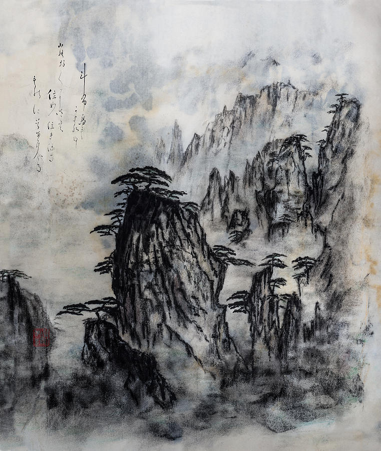 761x900 Chinese Mountains In Ink And Charcoal With Poetry By Zen Monk - Zen Monk Painting
