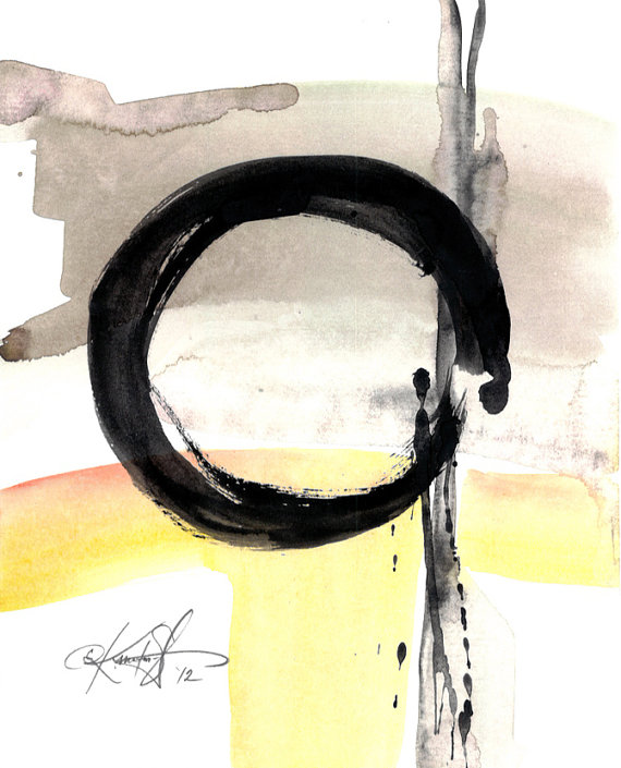 570x705 Enso Painting, Zen Circle Art, Black, Yellow Abstract, Watercolor - Zen Water Painting