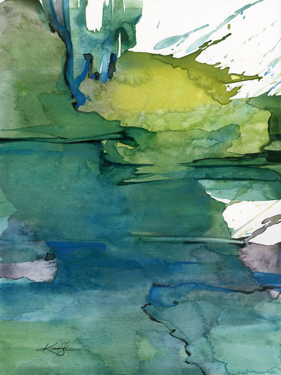 570x762 Abstract Green Blue Zen Watercolor Painting, Serene, Peaceful - Zen Water Painting