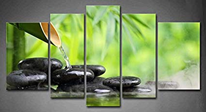 425x232 5 Panel Wall Art Green Spa Still Life With Bamboo - Zen Water Painting
