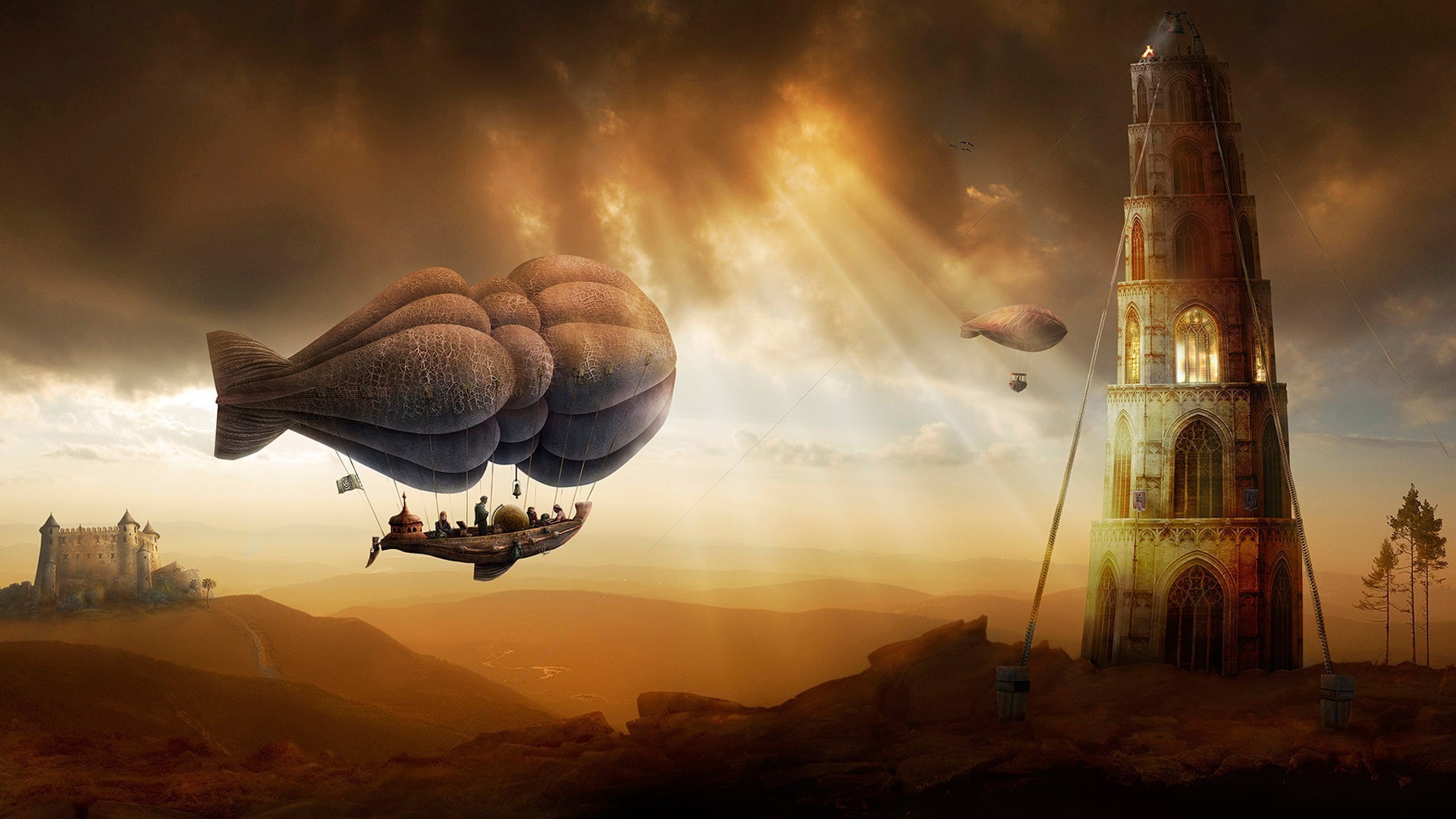1920x1080 Wallpaper Trees, Landscape, Painting, People, Digital Art - Zeppelin Painting