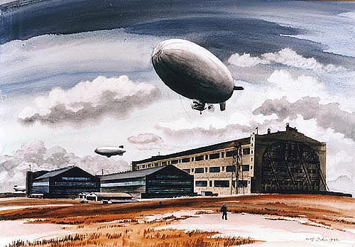 500x348 Watercolor Paintings Of American Blimps In Wwii - Zeppelin Painting