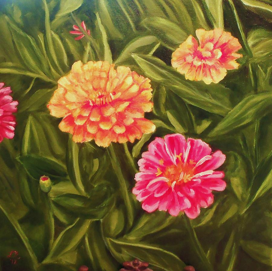 900x898 Mothers Zinnias Painting By Laura Evans - Zinnia Flower Painting