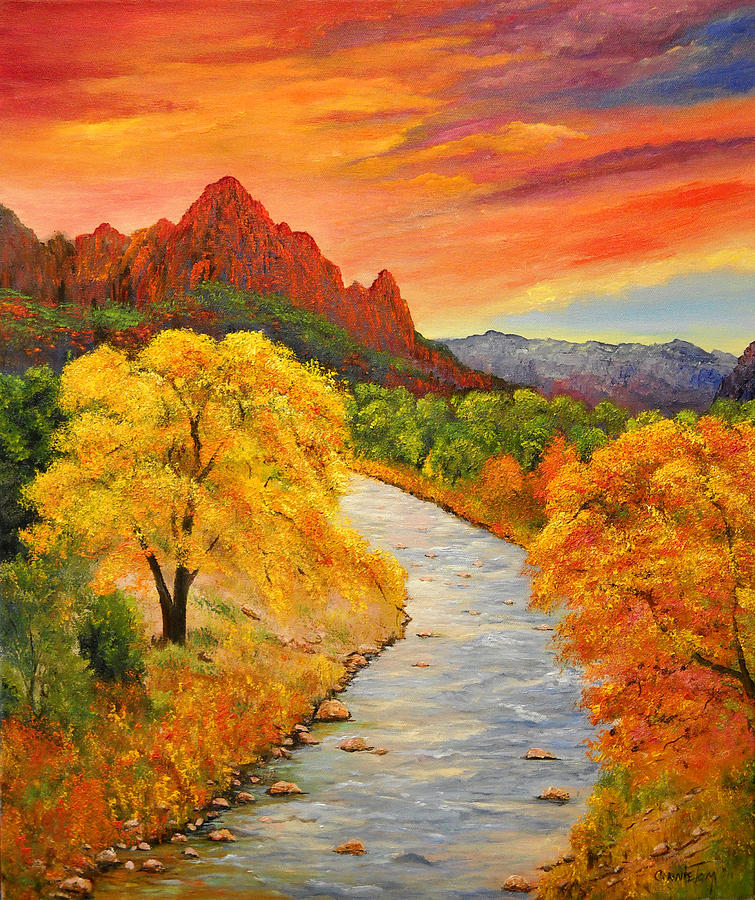 755x900 Autumn Sunset At Zion National Park Painting By Connie Tom - Zion National Park Painting