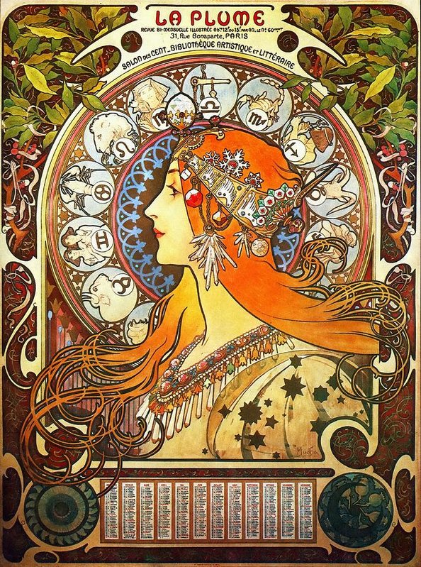 594x799 La Plume Zodiac Art Print By Alphonse Mucha - Zodiac Painting