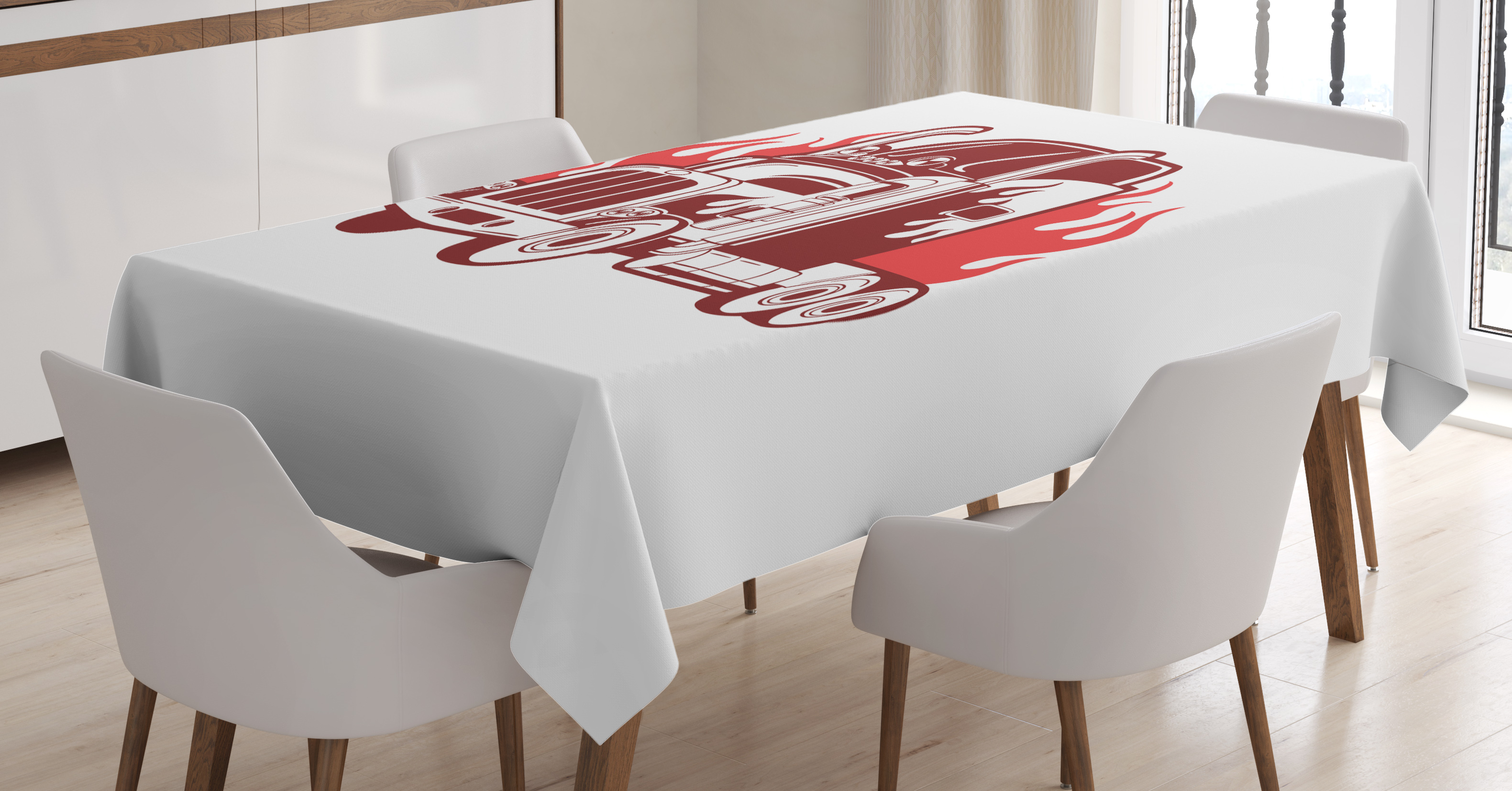 3161x1655 Truck Tablecloth, 18 Wheeler Silhouette On Fire Monochrome - 18 Wheeler Sketch