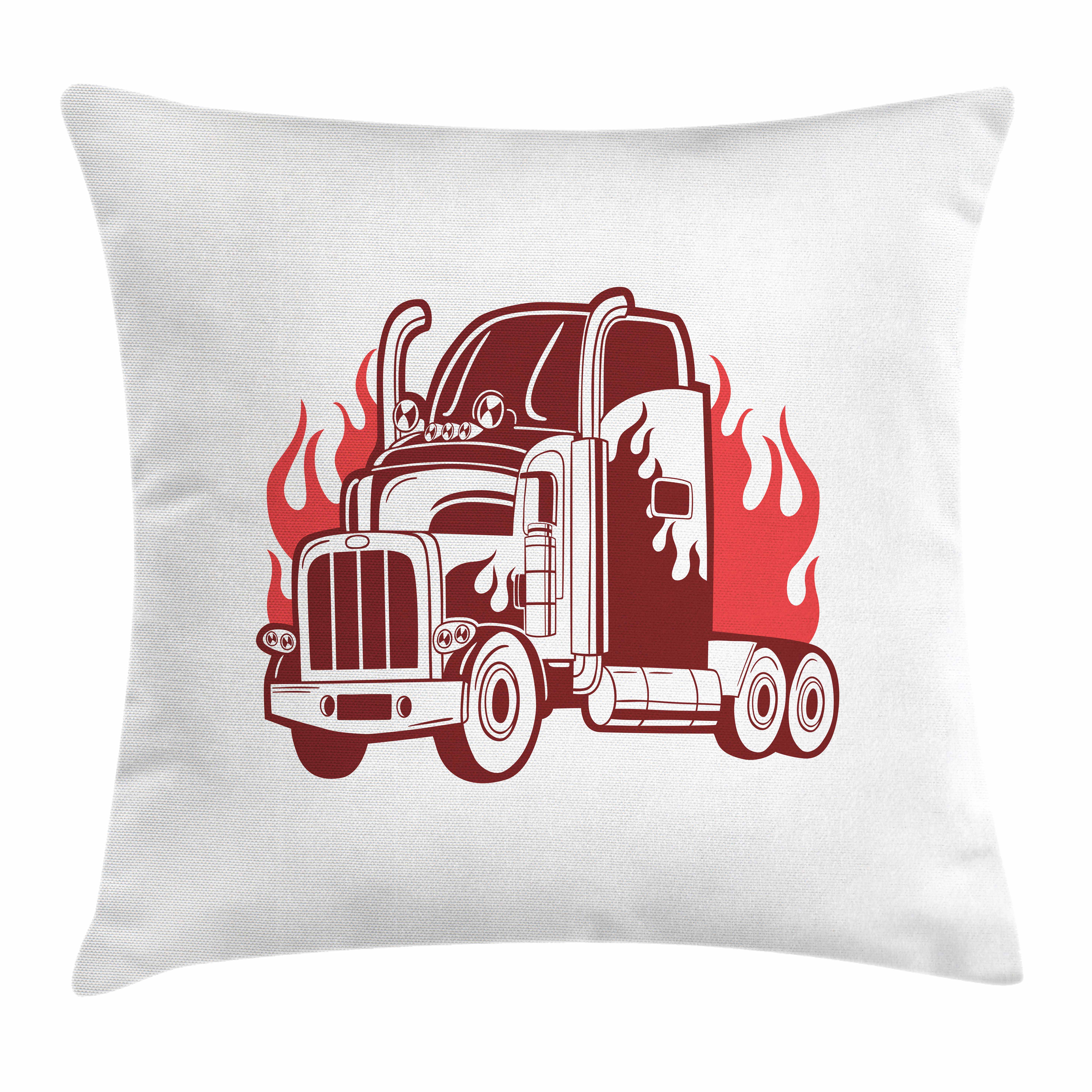 5906x5906 Truck Throw Pillow Cushion Cover, 18 Wheeler Silhouette On Fire - 18 Wheeler Sketch