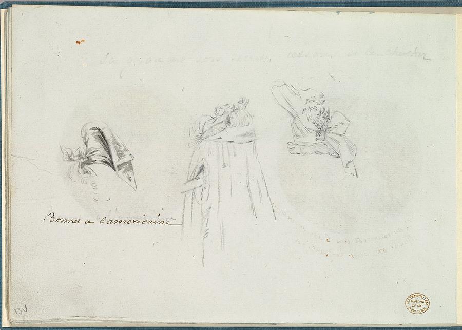 900x643 Three Costume Sketches Of A Bonnet Drawing By Anonymous, French - 18th Century Sketch