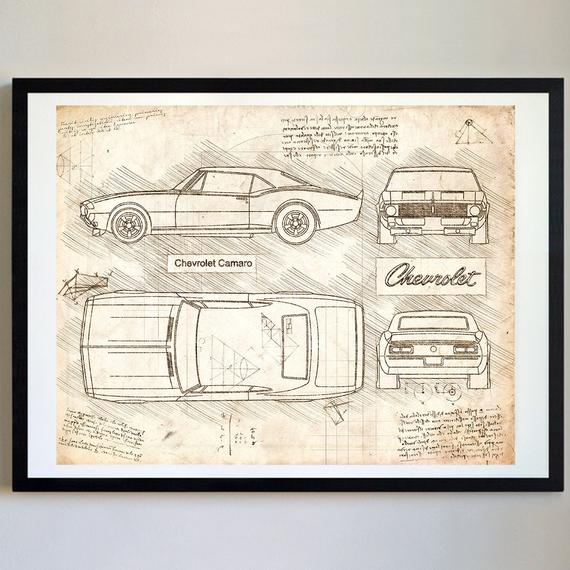 570x570 Chevrolet Camaro Coupe 1967 69 Da Vinci Art Print Blueprint Etsy - 1969 Camaro Sketch