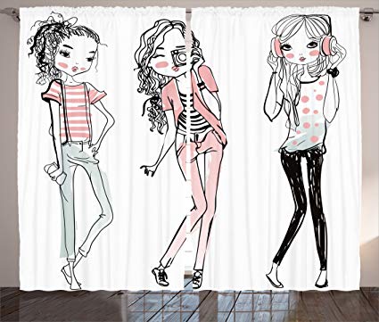 425x361 Ambesonne Girls Curtains, Sketch Cute Cartoon Design - 2 Girls Sketch