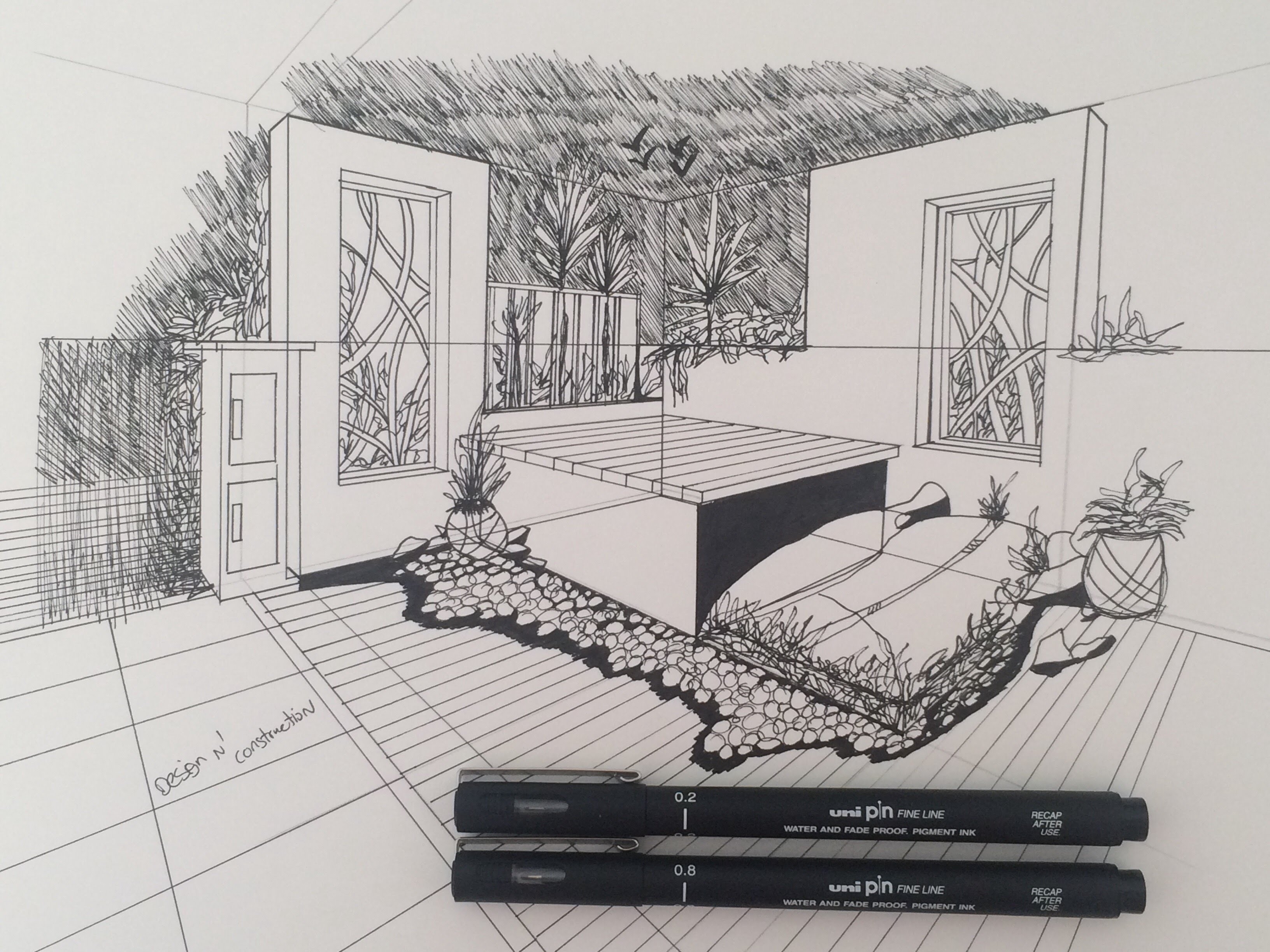 3264x2448 Two Point Perspective Of A Garden Drawing - 2 Point Perspective Sketch