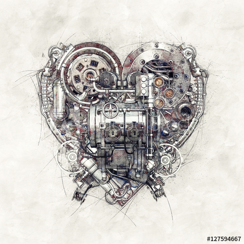 500x500 Sketch Of A Technical Mechanical Heart, 3d Illustration - 3d Heart Sketch