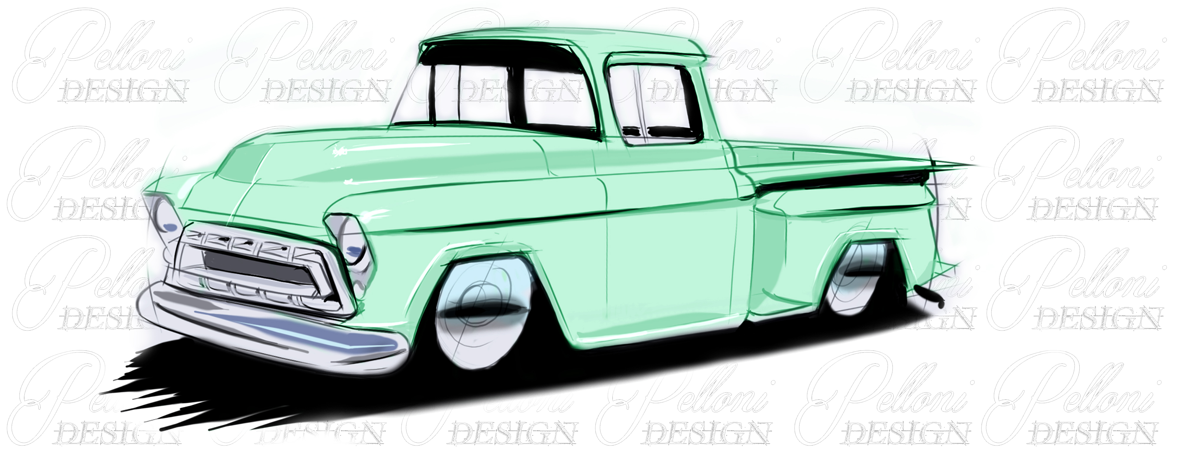 4000x1537 Handmade Digital Renderings Of Your Car! By Pelloni Design - 57 Chevy Sketch