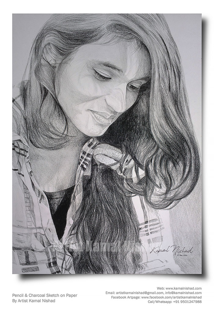 700x1015 A Beautiful Girl With Smile Pencil Amp Charcoal Sketch Kamal Nishad - A Beautiful Sketch