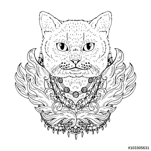 500x500 Black And White Animal Cat Head, Abstract Art, Tattoo, Doodle - Abstract Cat Sketch