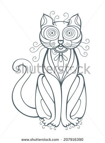 345x470 Funny Cat. Raster Illustration With Abstract Cat, Line Art Drawing - Abstract Cat Sketch