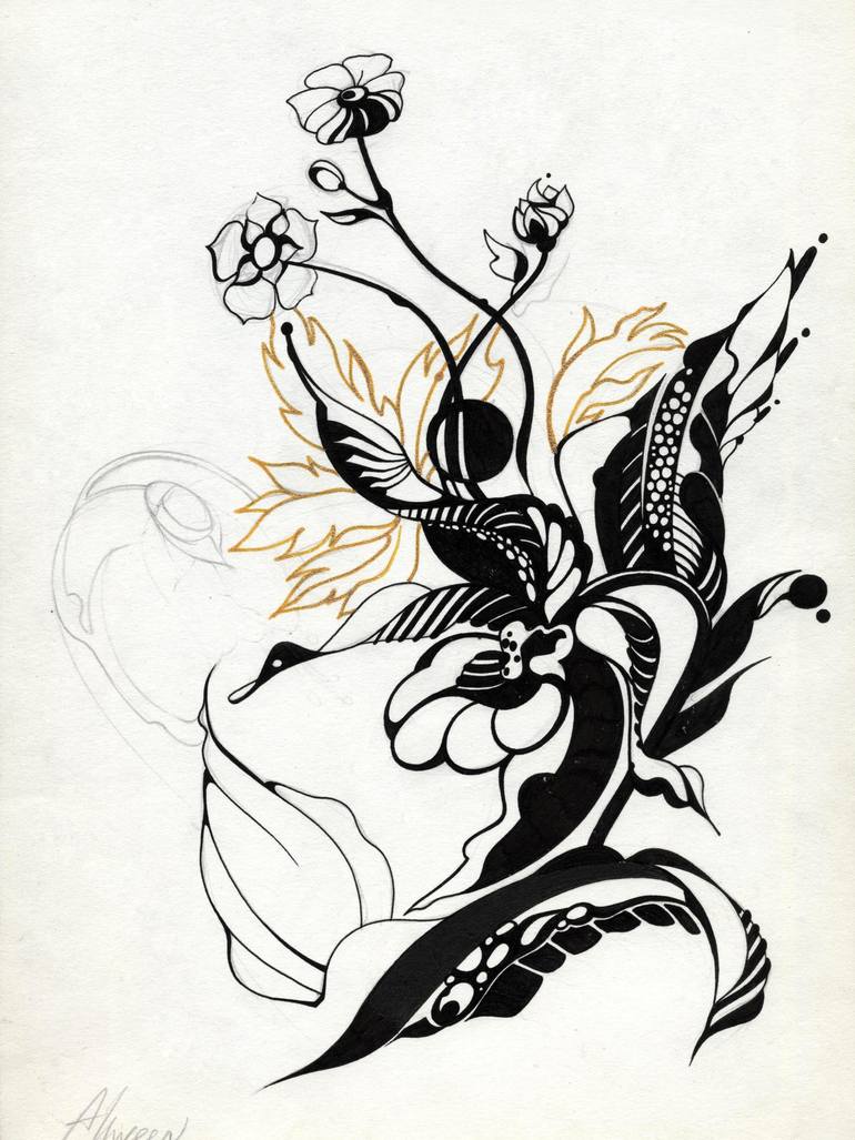 770x1027 Abstract Flowers In Art Nouveau Style Drawing By Alvina Denisenko - Abstract Flower Sketch