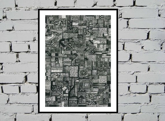 570x417 Black And White Abstract Ink Poster Geometric Drawing Wall Etsy - Abstract Geometric Sketch