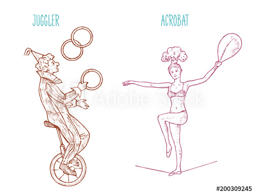 500x382 The Clown On The Wheel Juggles With Skittles Or Balls On White - Acrobat Sketch
