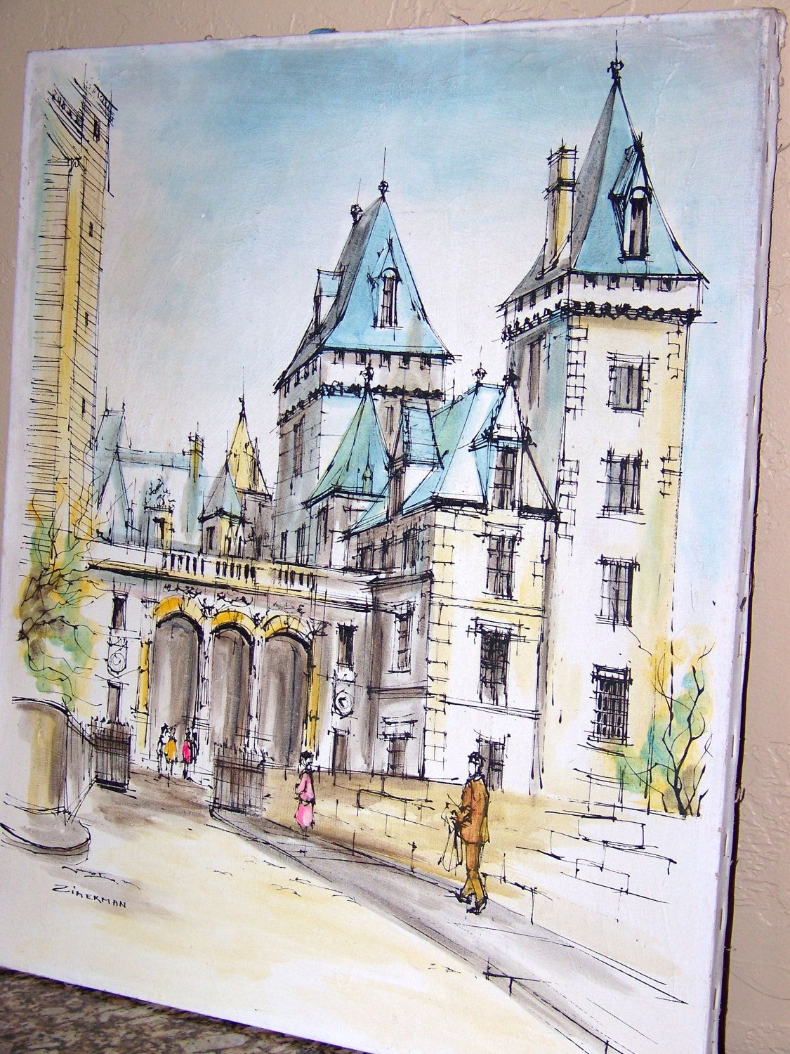 1125x1500 Vintage Midcentury Signed Cityscape Pen, Ink And Acrylic Wash - Acrylic Sketch