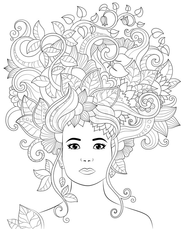 638x799 Vector Hand Drawn Illustration Woman With Floral Hair For Adult - Adult Sketch