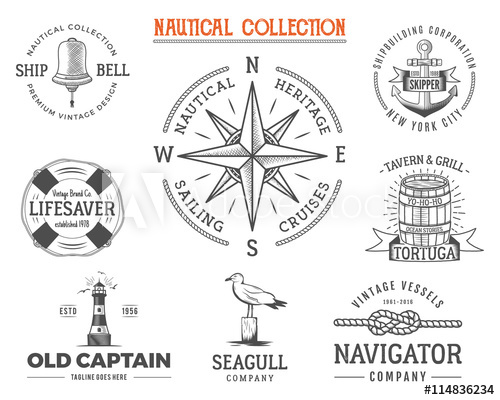 500x400 Vintage Nautical Stamps Set. Old Ship Retro Style. Sailing Labels - Adventure Sketch