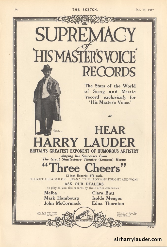 678x1000 Hmv Advertisement The Sketch Jan 17 1917 Sir Harry Lauder - Advertisement Sketch
