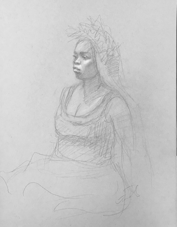 570x728 African American Art Female Figure Drawing Woman With Feather Etsy - African American Sketch