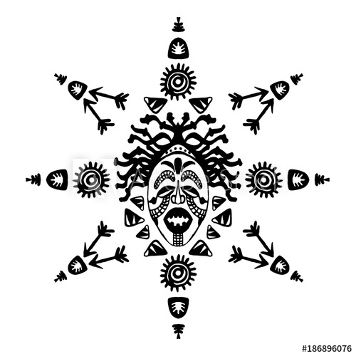500x500 Hand Drawn Vector Pattern With Tribal Mask Ethnic. Sketch For Your - African Mask Sketch