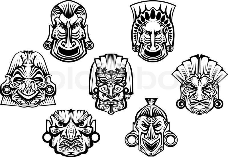 800x551 Religious Masks In Ancient Tribal Style Isolated On White For - African Mask Sketch