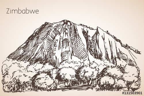 500x334 African Mountain Sketch. Isolated On White Background - African Tree Sketch