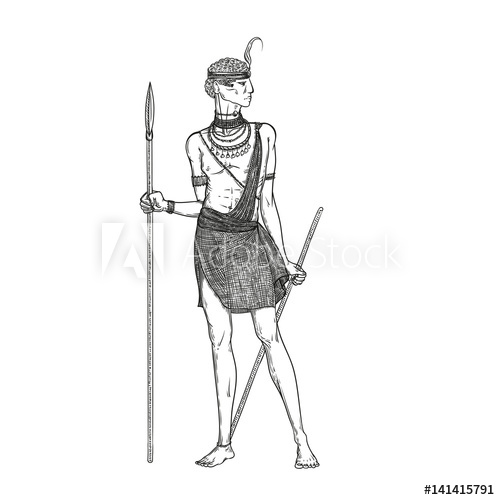 500x500 Vector Sketch Illustration On A White Background. Armed With A - African Warrior Sketch