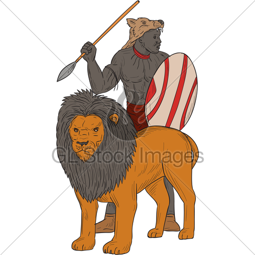 500x500 African Warrior Spear Hunting With Lion Drawing Gl Stock Images - African Warrior Sketch