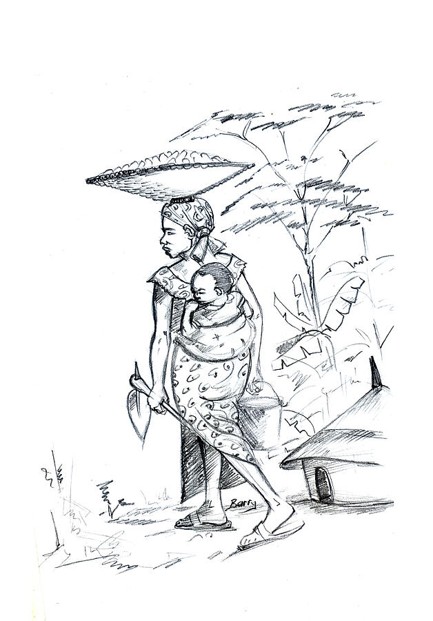 628x900 African Rural Woman Drawing By Emmanuel Baliyanga - African Woman Sketch