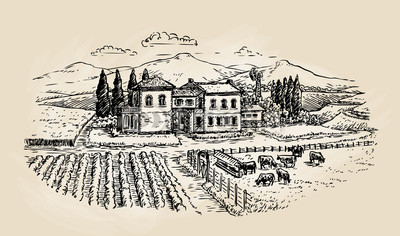400x236 Farm Sketch. Farming, Agriculture, Vineyard Or Animal Husbandry - Agriculture Sketch