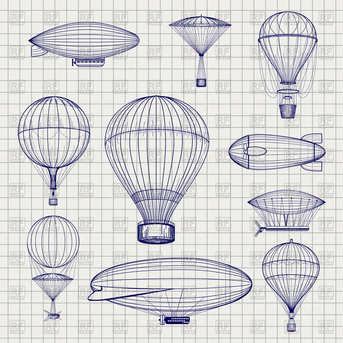 1200x1200 Hand Drawn Air Hot Balloons And Airship Zeppelins Sketch Vector - Air Balloon Sketch