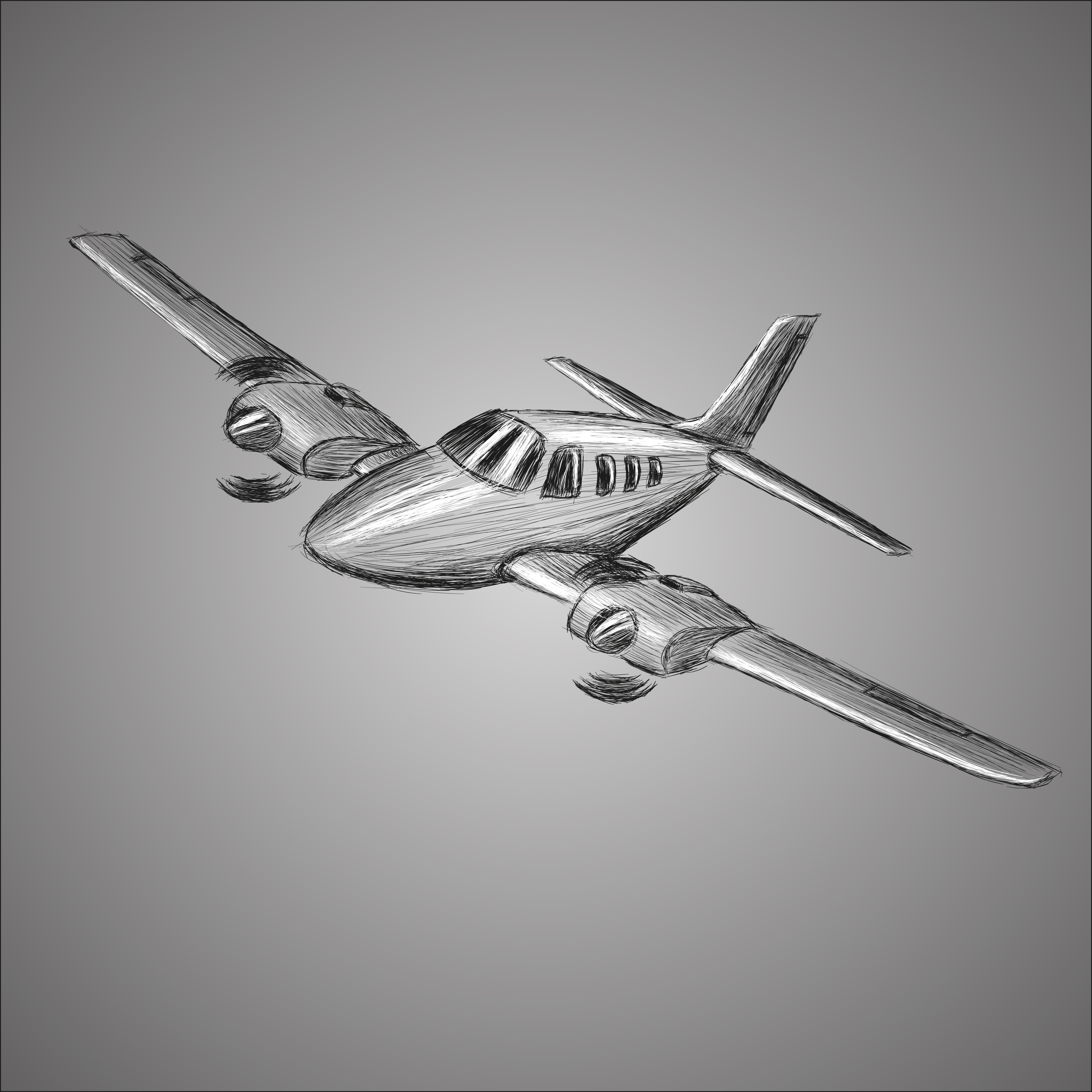 5004x5004 Small Plane Vector Sketch. Hand Drawn Twin Engine Propelled - Aircraft Sketch
