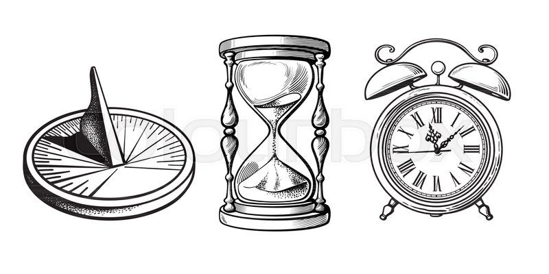 800x400 Set Of Different Old Clocks. Sundial, Hourglass, Alarm Clock - Alarm Clock Sketch